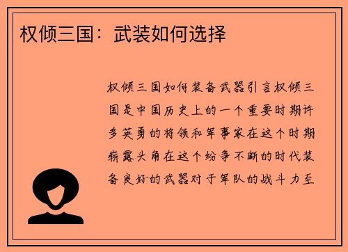权倾三国：武装如何选择